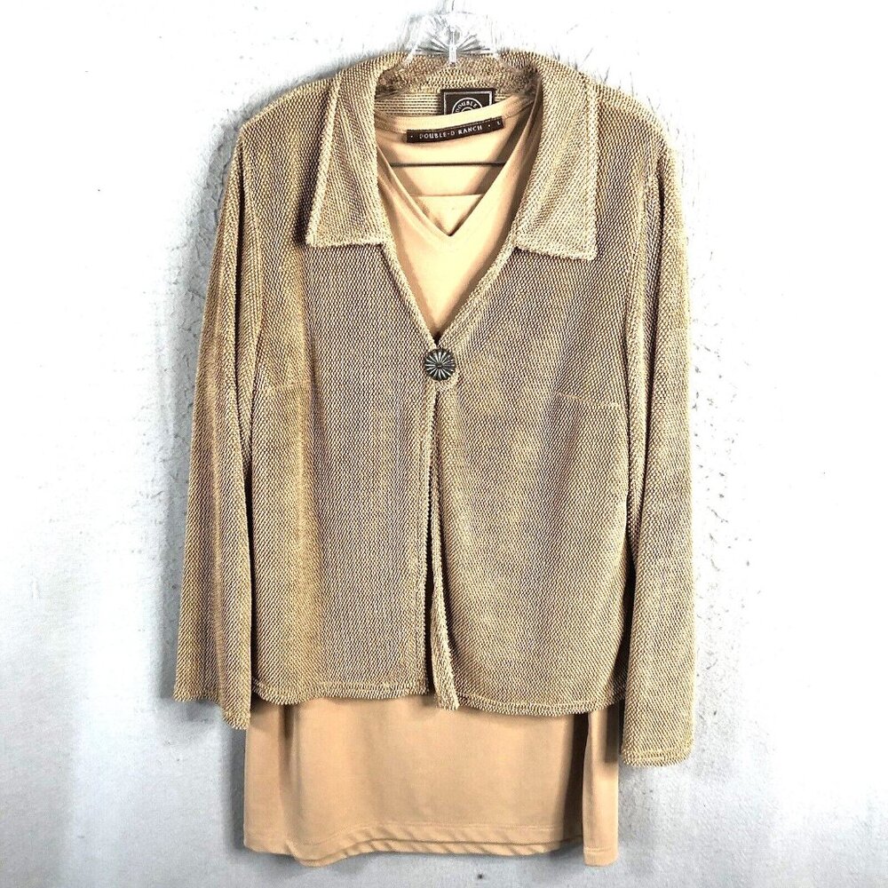 Double D Ranch Skirt Set Womens L Tan Slinky Travel Knit 3 Piece Boho Sweater